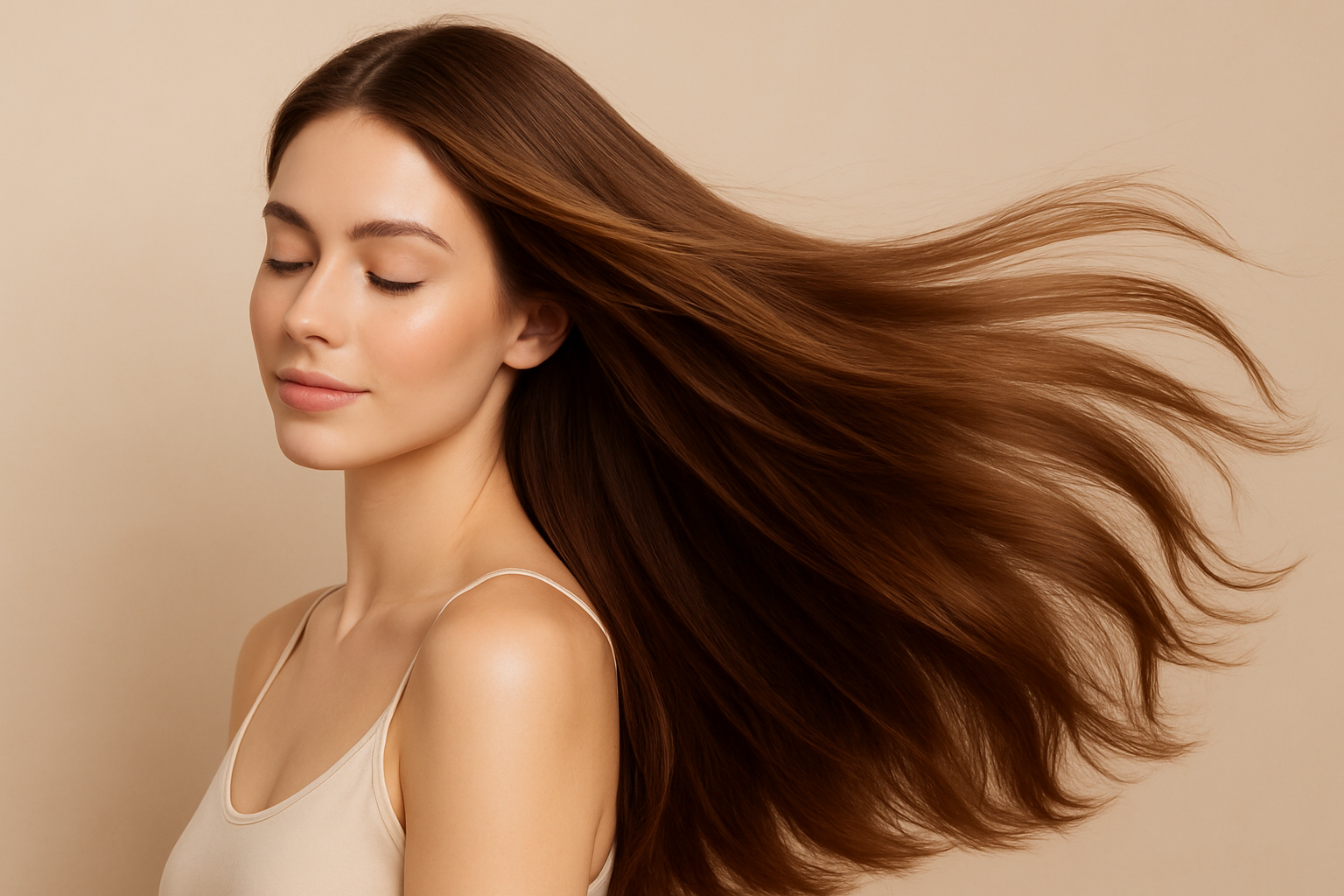 girl showing her hair with light beige color background